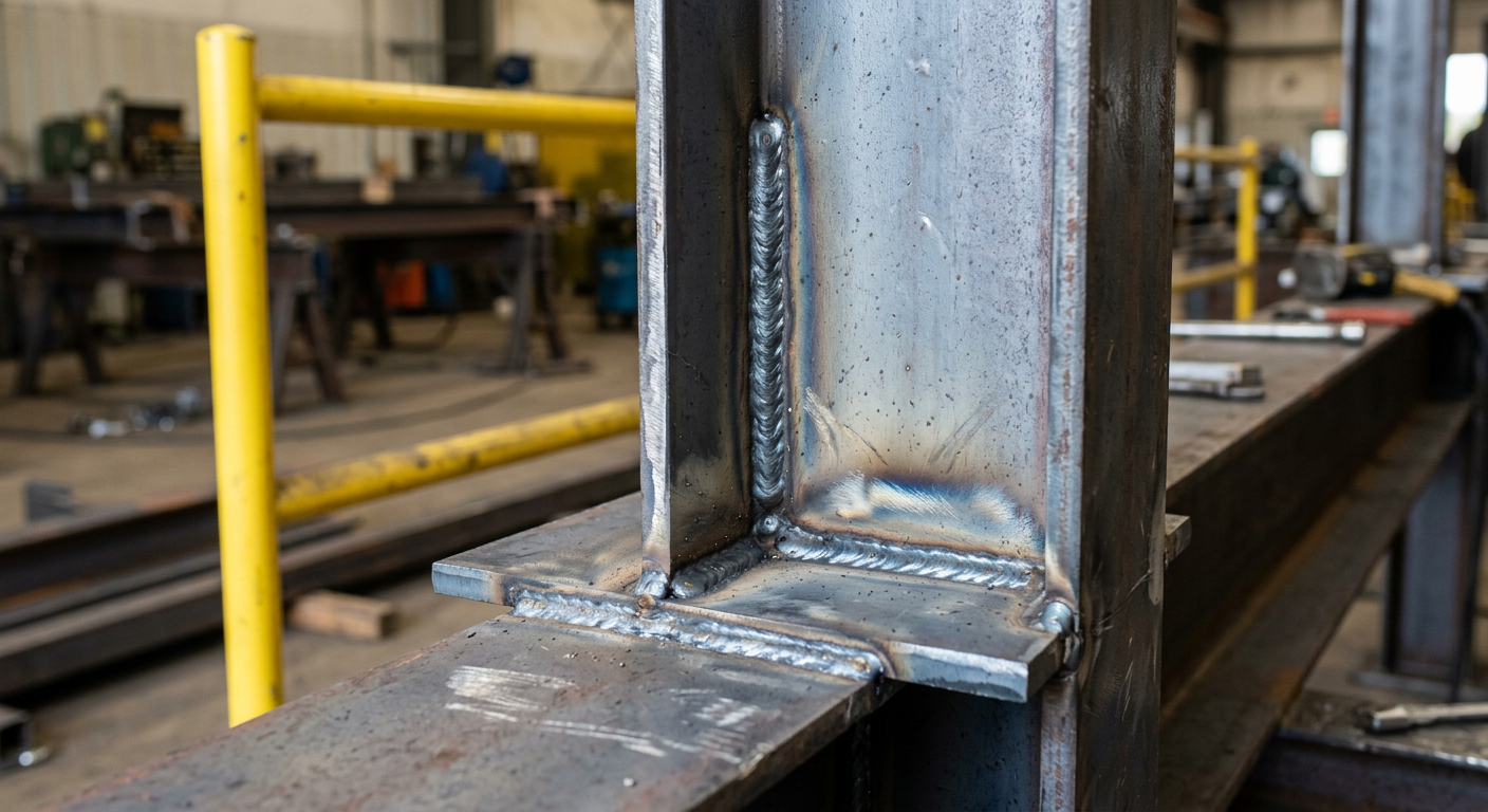 Close-up of welded structural steel joints in a fabrication workshop