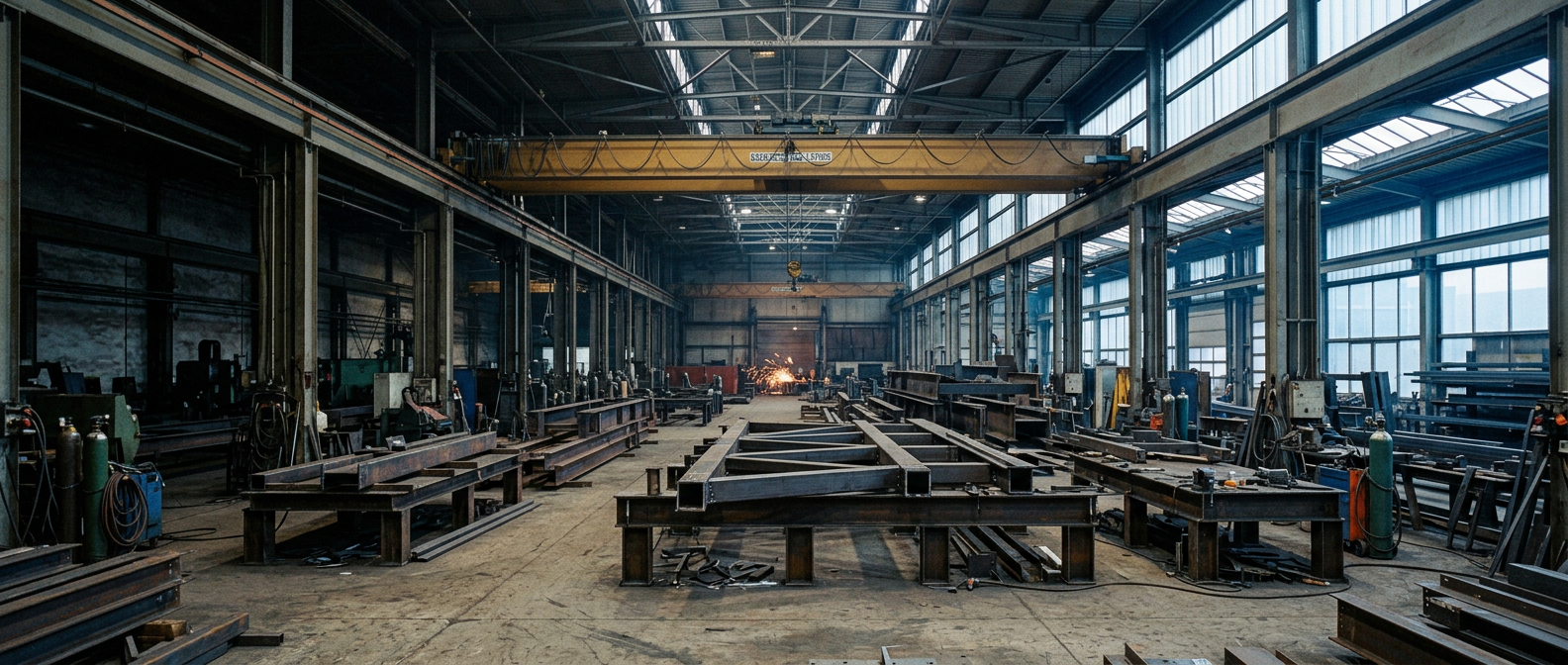 Steel fabrication workshop with structural steel frames and an overhead crane